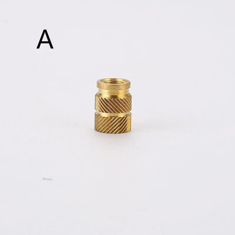 Brass hot melt copper nuts showing M2 and M3 thread sizes with measurement indicators