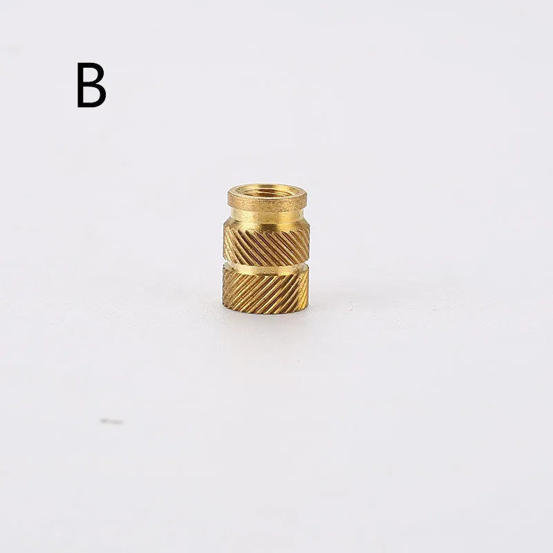 Brass hot melt copper nuts showing M2 and M3 thread sizes with measurement indicators