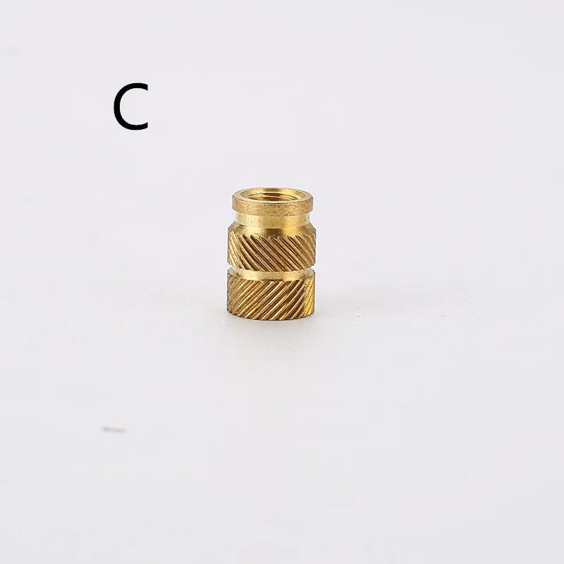 Brass hot melt copper nuts showing M2 and M3 thread sizes with measurement indicators
