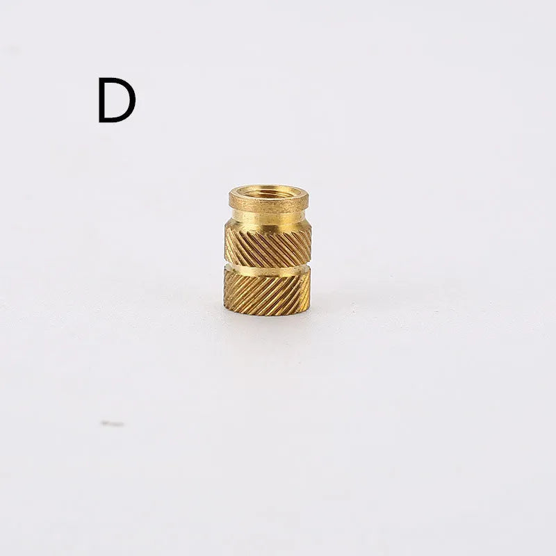 Brass hot melt copper nuts showing M2 and M3 thread sizes with measurement indicators