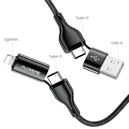 Black nylon braided 4-in-1 fast charging cable with multiple connector types