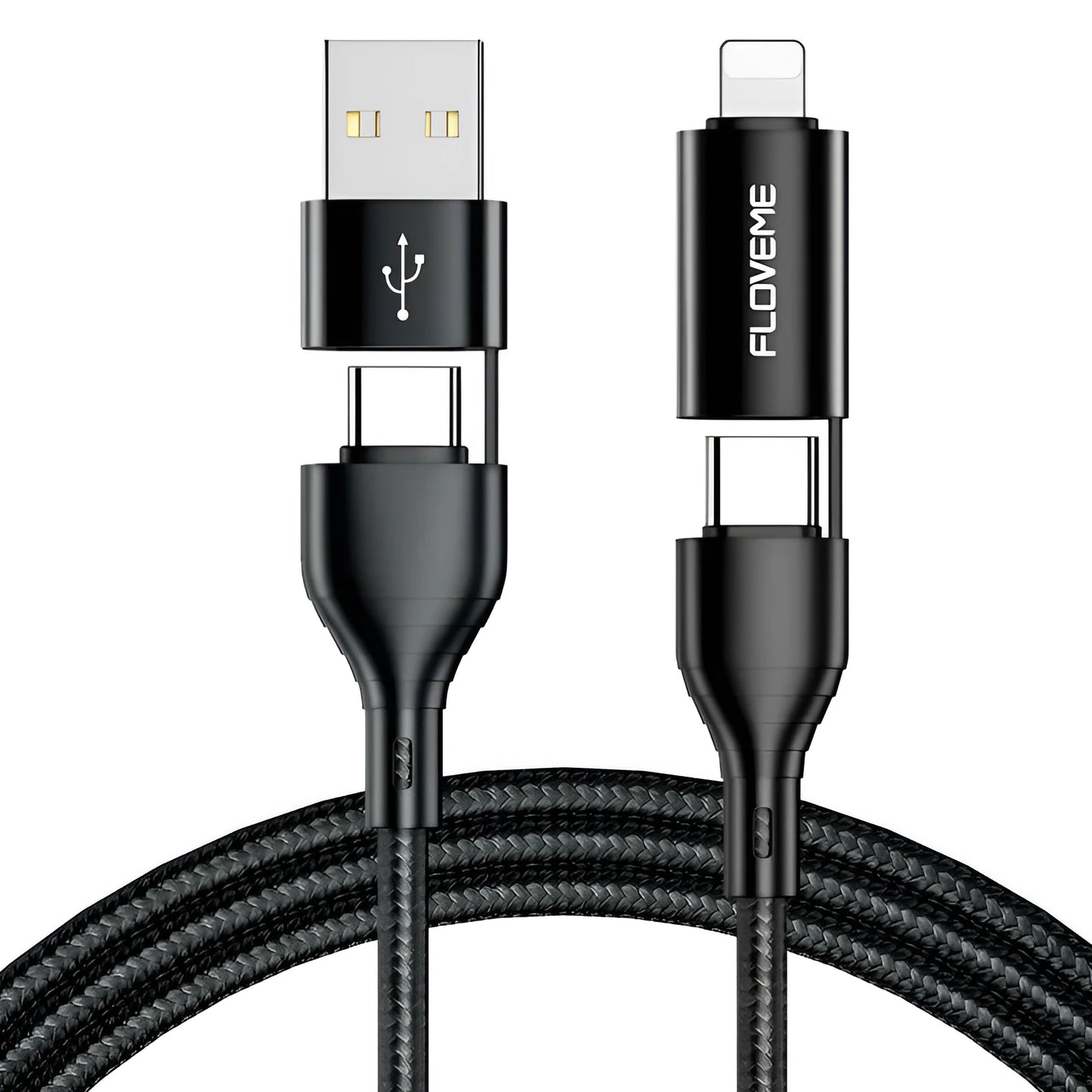Black nylon braided 4-in-1 fast charging cable with multiple connector types