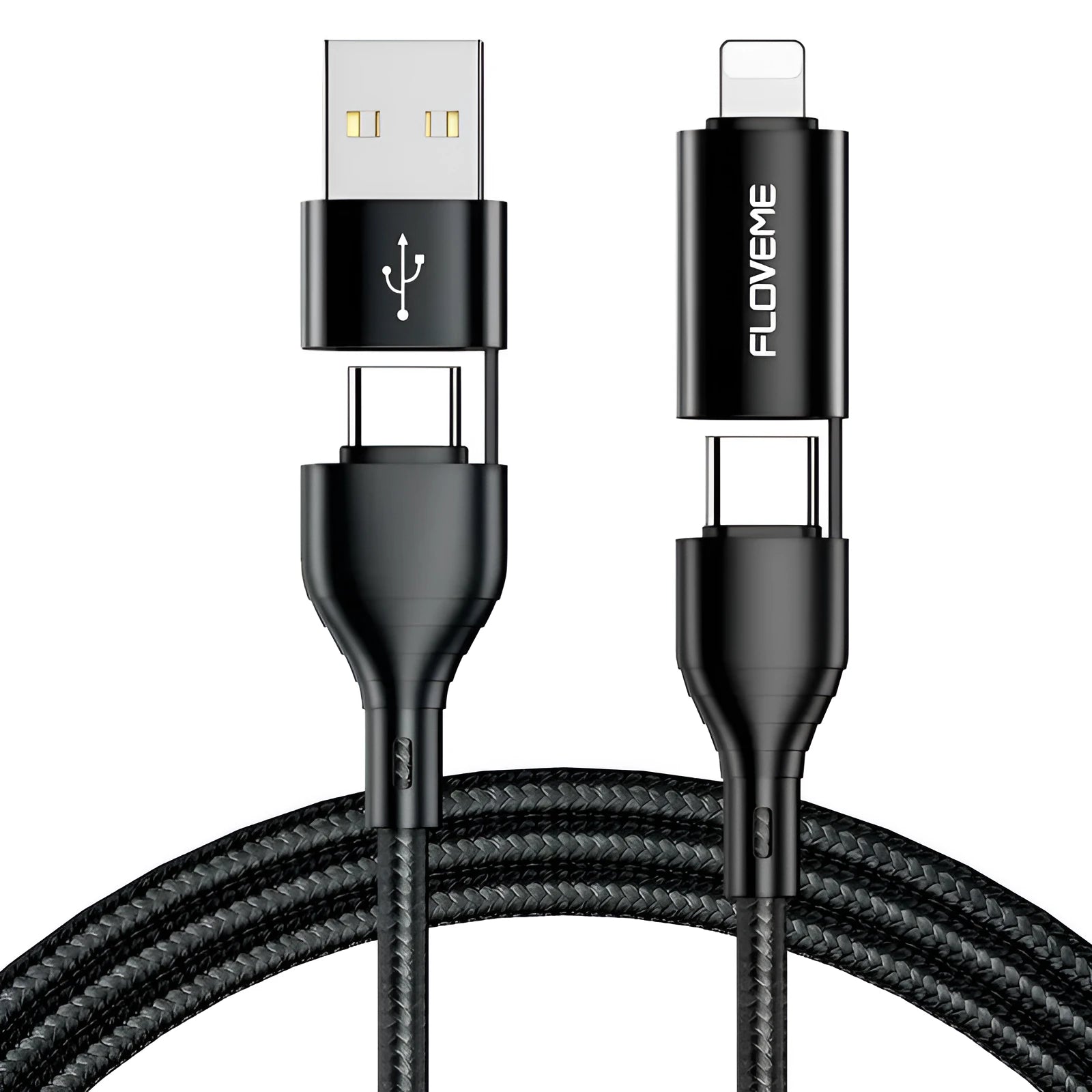 Black nylon braided 4-in-1 fast charging cable with multiple connector types
