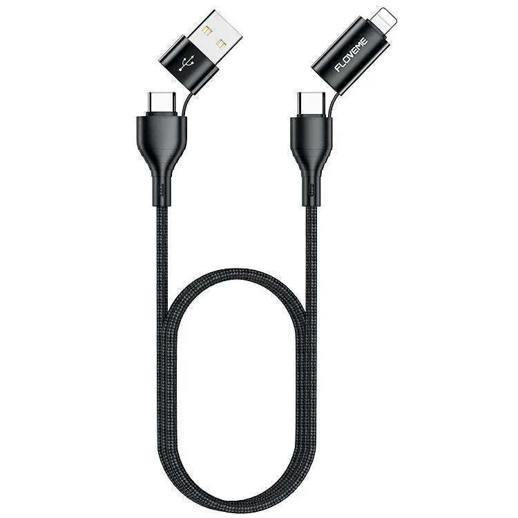 Black nylon braided 4-in-1 fast charging cable with multiple connector types