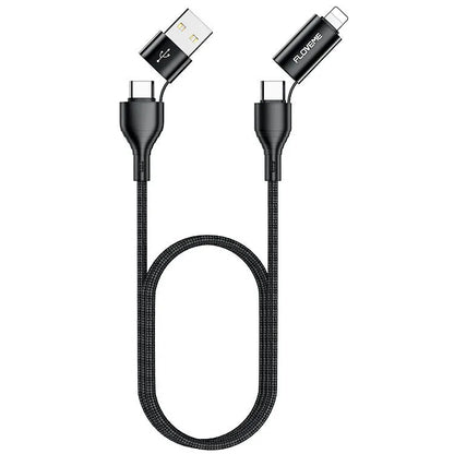 Black nylon braided 4-in-1 fast charging cable with multiple connector types