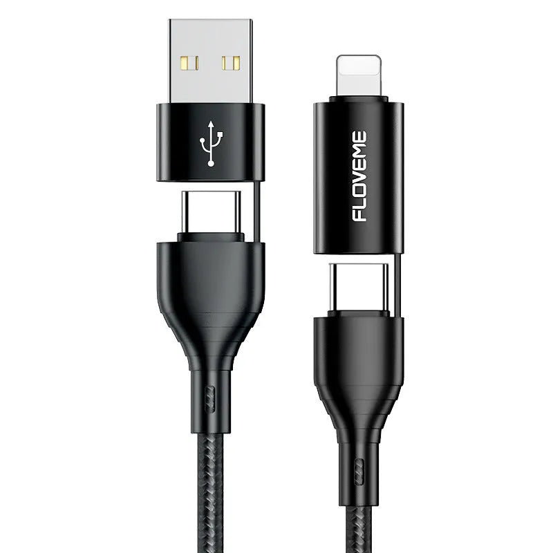 Black nylon braided 4-in-1 fast charging cable with multiple connector types