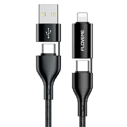 Black nylon braided 4-in-1 fast charging cable with multiple connector types