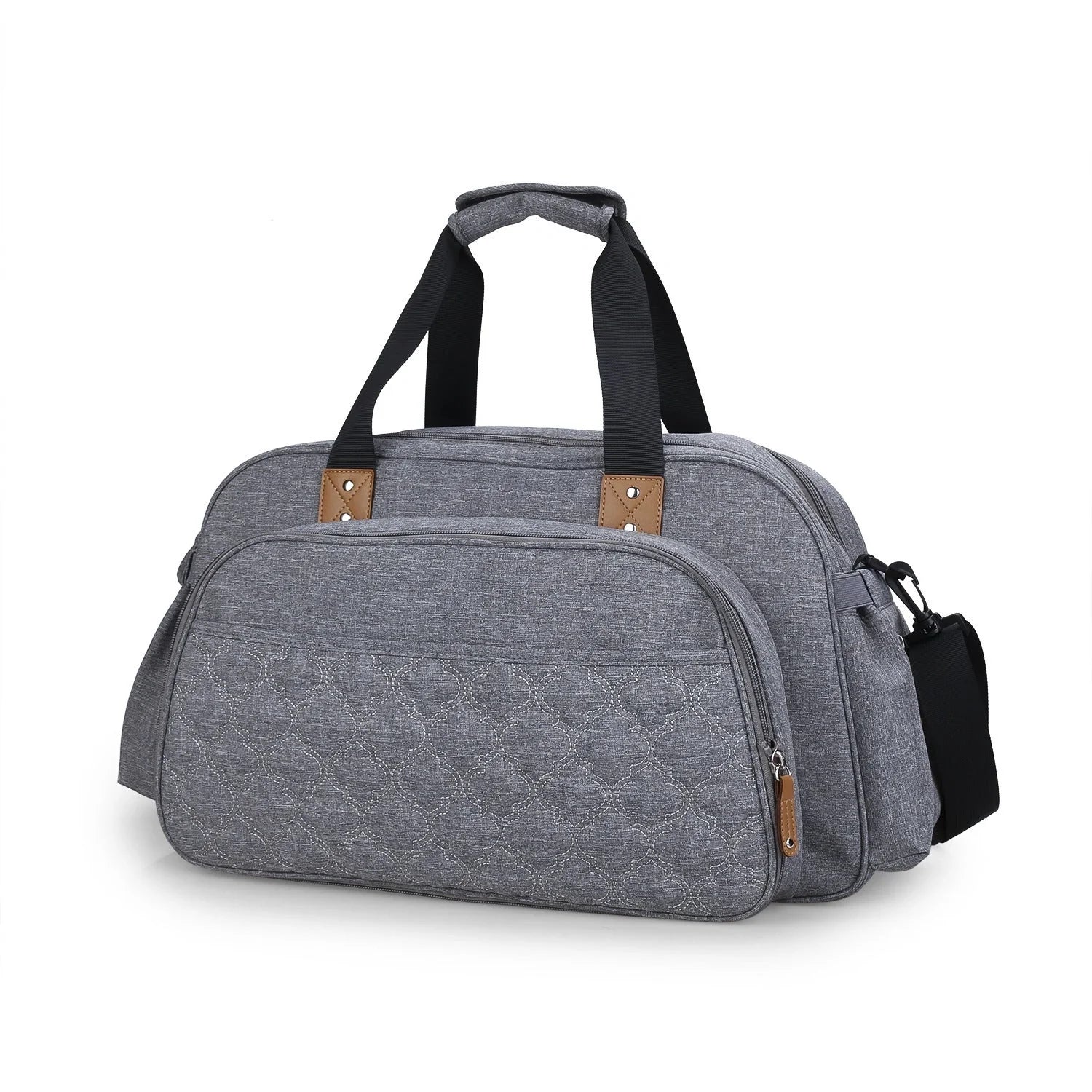 Convertible baby diaper bag in black and grey, transforms into crib and changing table