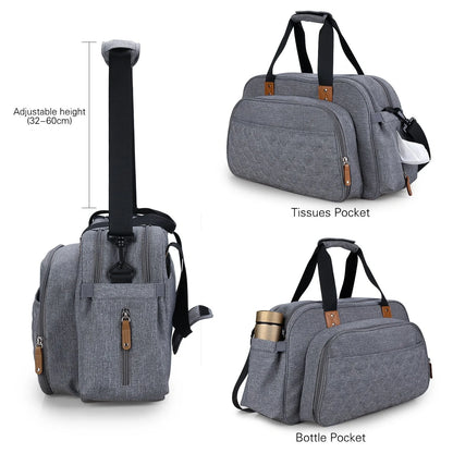 Convertible baby diaper bag in black and grey, transforms into crib and changing table