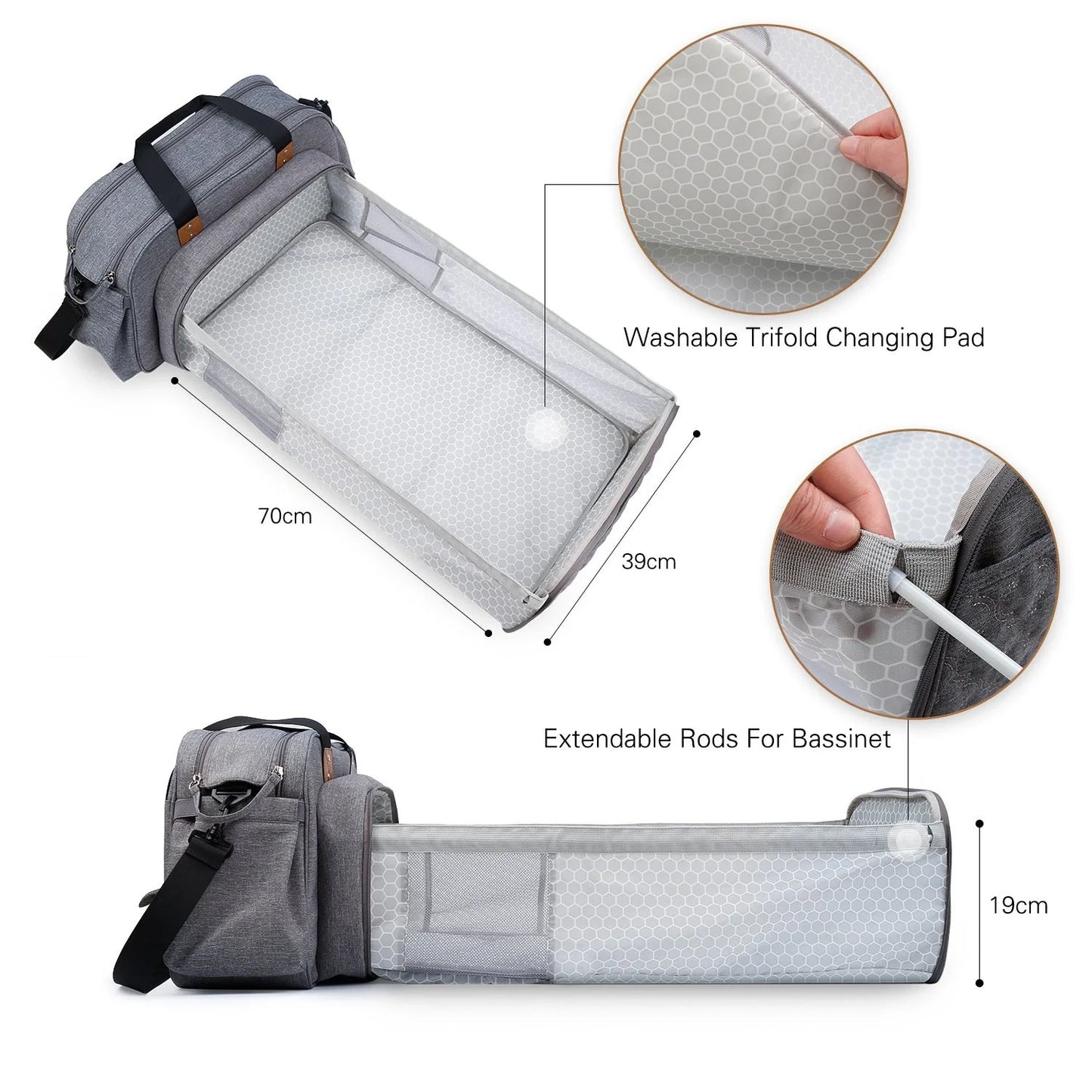 Convertible baby diaper bag in black and grey, transforms into crib and changing table