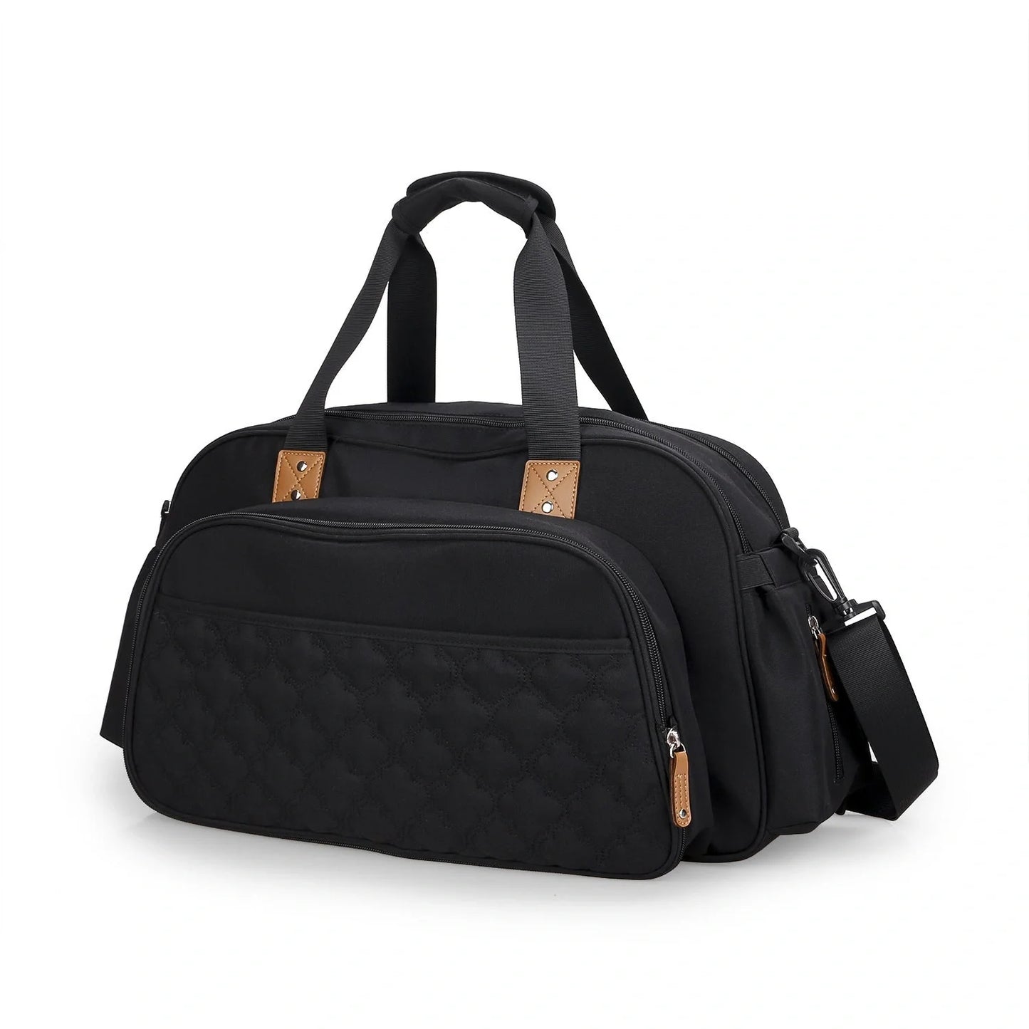 Convertible baby diaper bag in black and grey, transforms into crib and changing table
