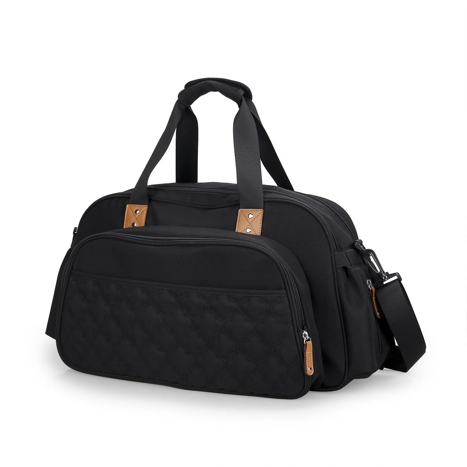 Convertible baby diaper bag in black and grey, transforms into crib and changing table