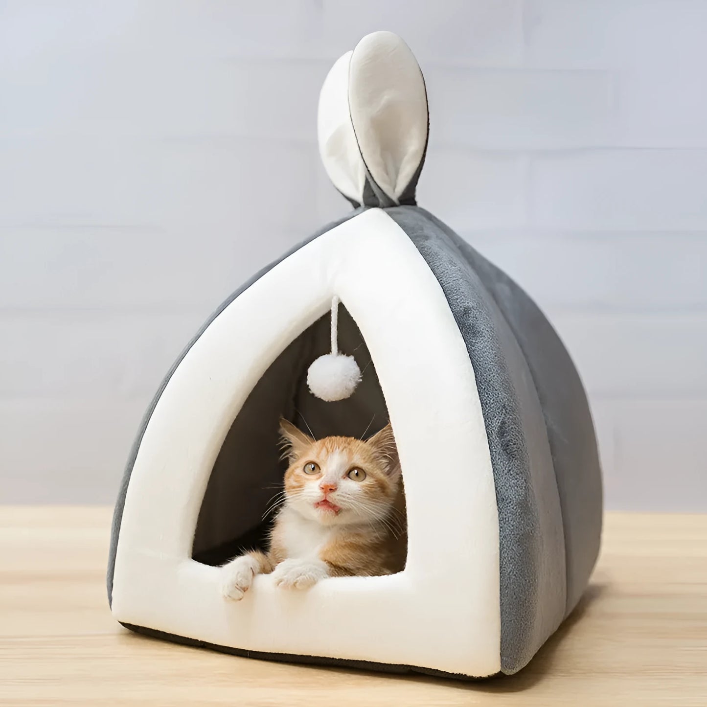 Grey cloth cat house villa bed for indoor use, shown next to size comparison chart.