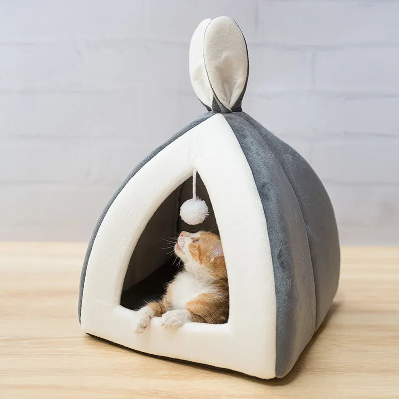 Grey cloth cat house villa bed for indoor use, shown next to size comparison chart.