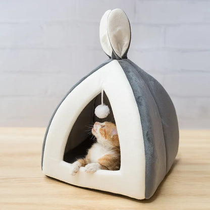 Grey cloth cat house villa bed for indoor use, shown next to size comparison chart.