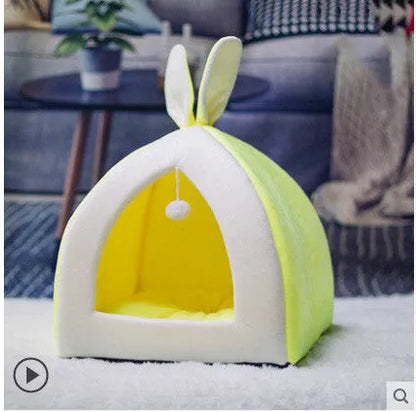 Grey cloth cat house villa bed for indoor use, shown next to size comparison chart.