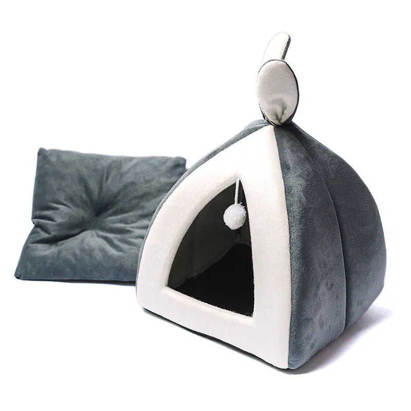 Grey cloth cat house villa bed for indoor use, shown next to size comparison chart.