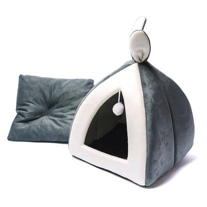 Grey cloth cat house villa bed for indoor use, shown next to size comparison chart.