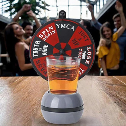 Rotatable drinking game set with plastic turntable and glass wine glass