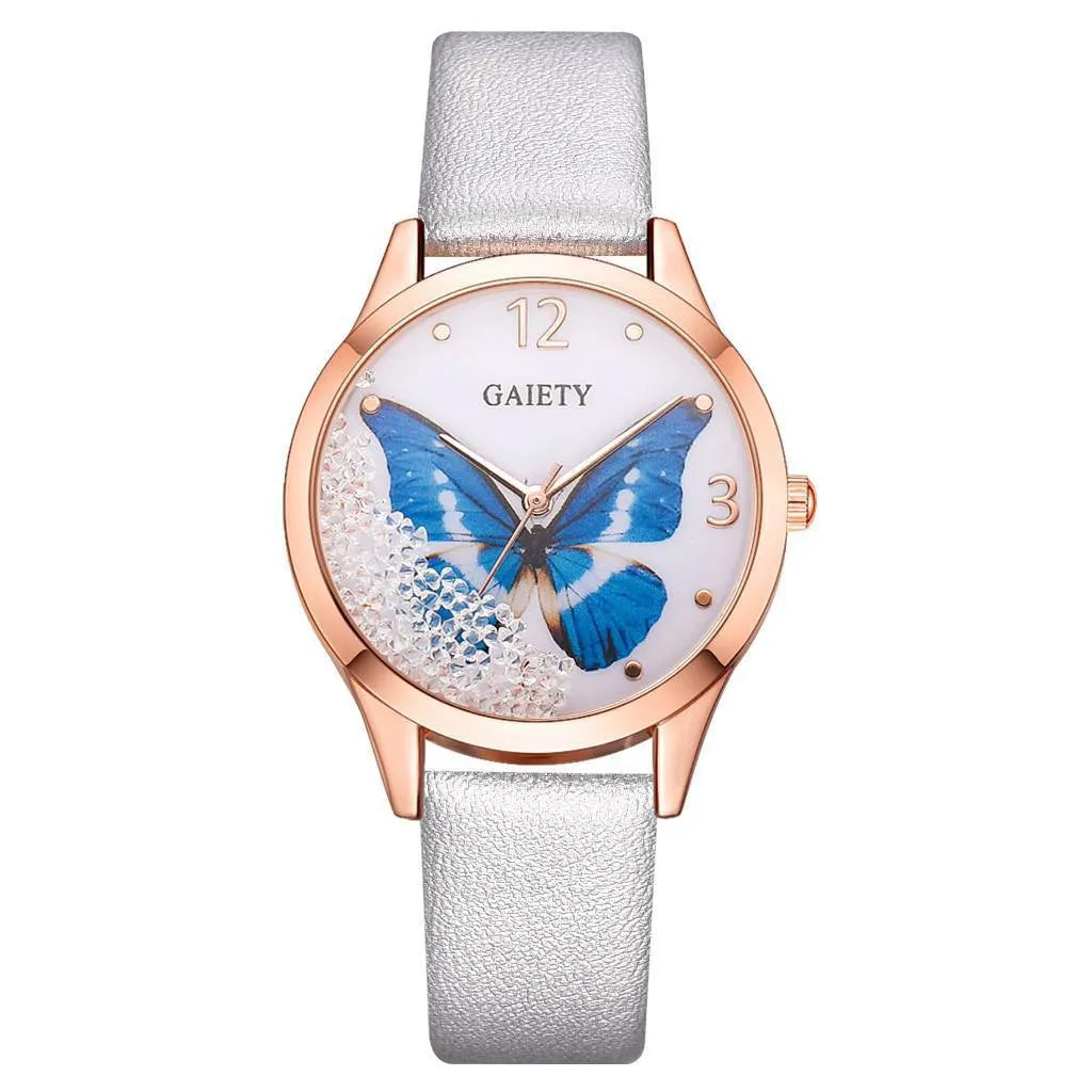Gaiety ladies wristwatch with removable rhinestone butterfly decoration on black leather strap