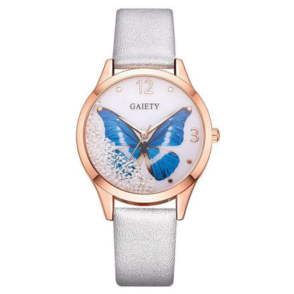 Gaiety ladies wristwatch with removable rhinestone butterfly decoration on black leather strap