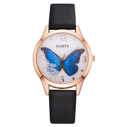 Gaiety ladies wristwatch with removable rhinestone butterfly decoration on black leather strap
