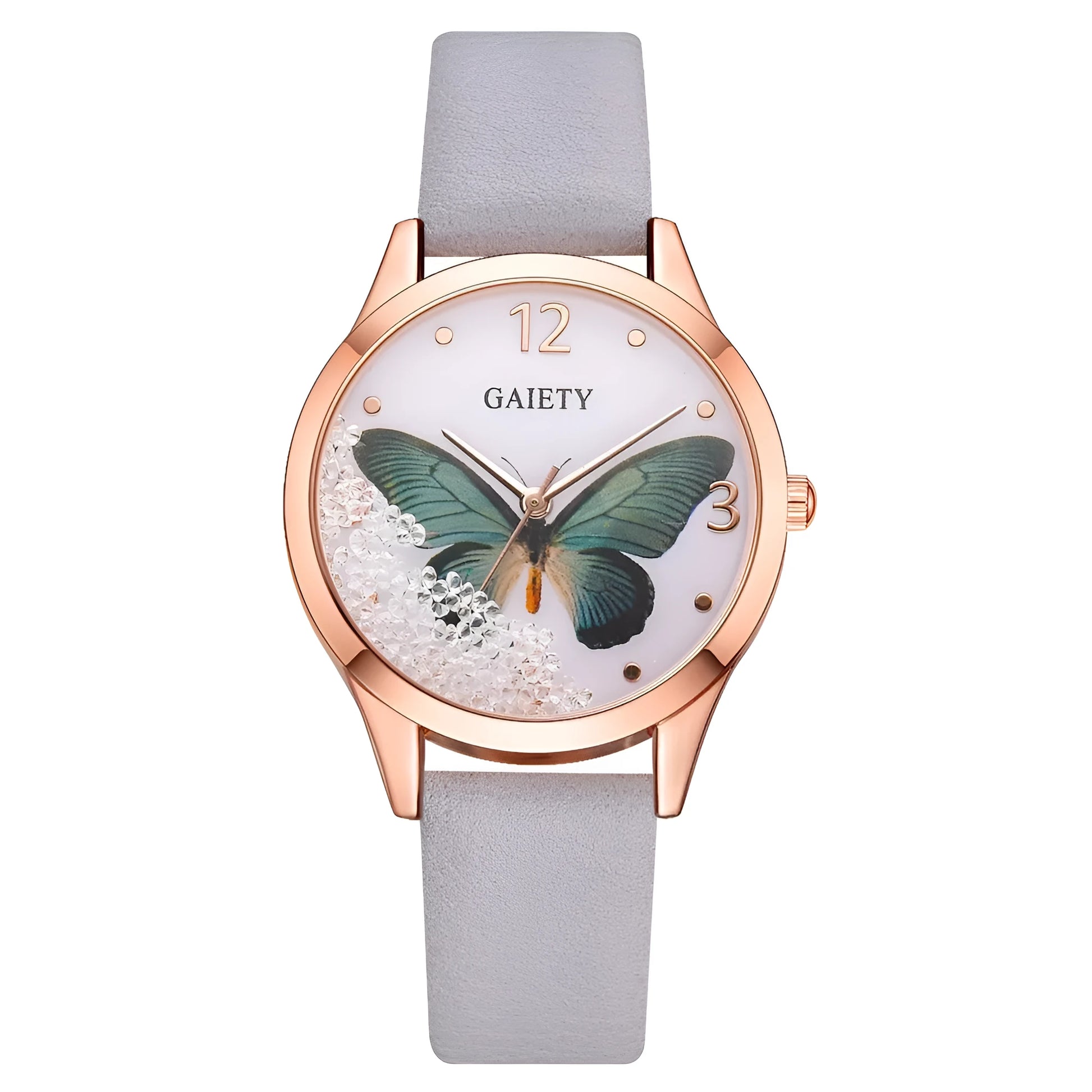 Gaiety ladies wristwatch with removable rhinestone butterfly decoration on black leather strap