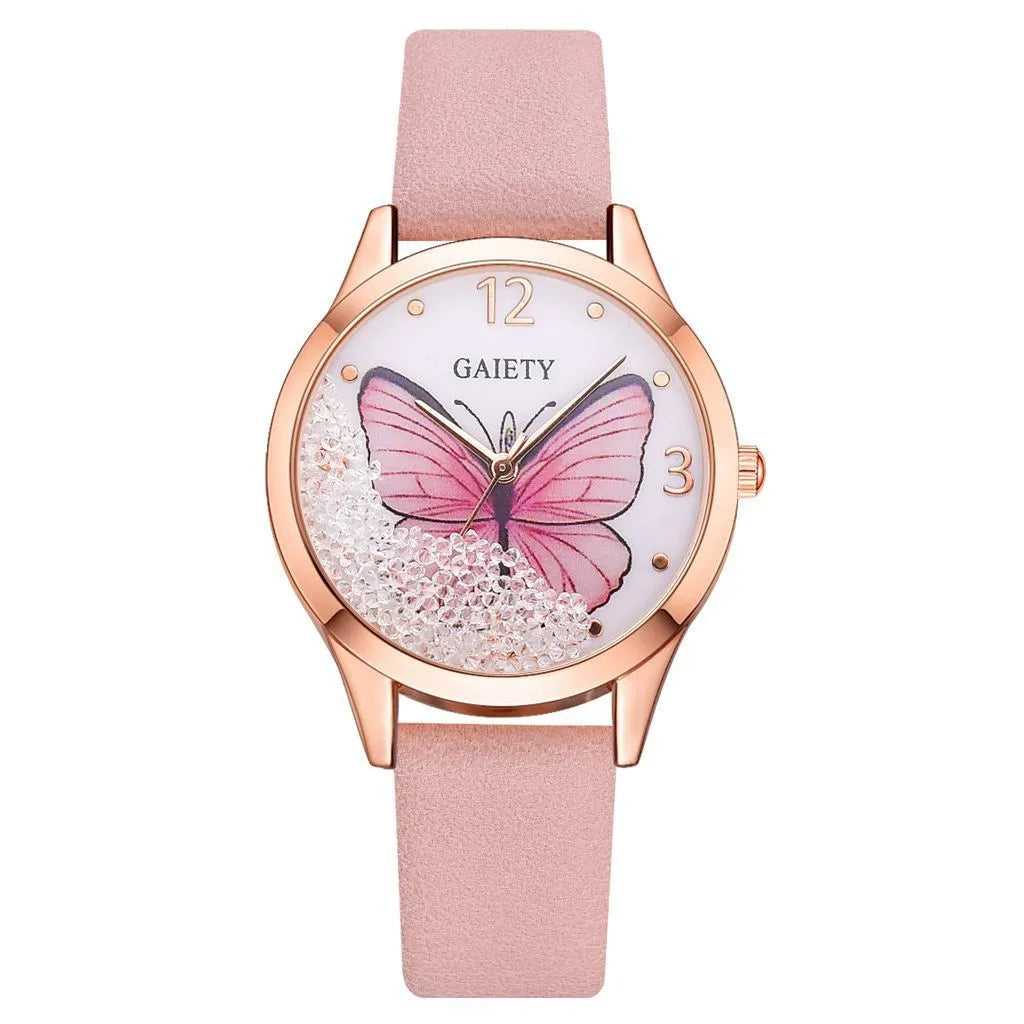 Gaiety ladies wristwatch with removable rhinestone butterfly decoration on black leather strap
