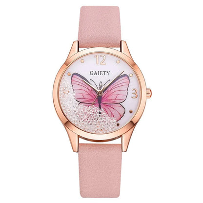 Gaiety ladies wristwatch with removable rhinestone butterfly decoration on black leather strap