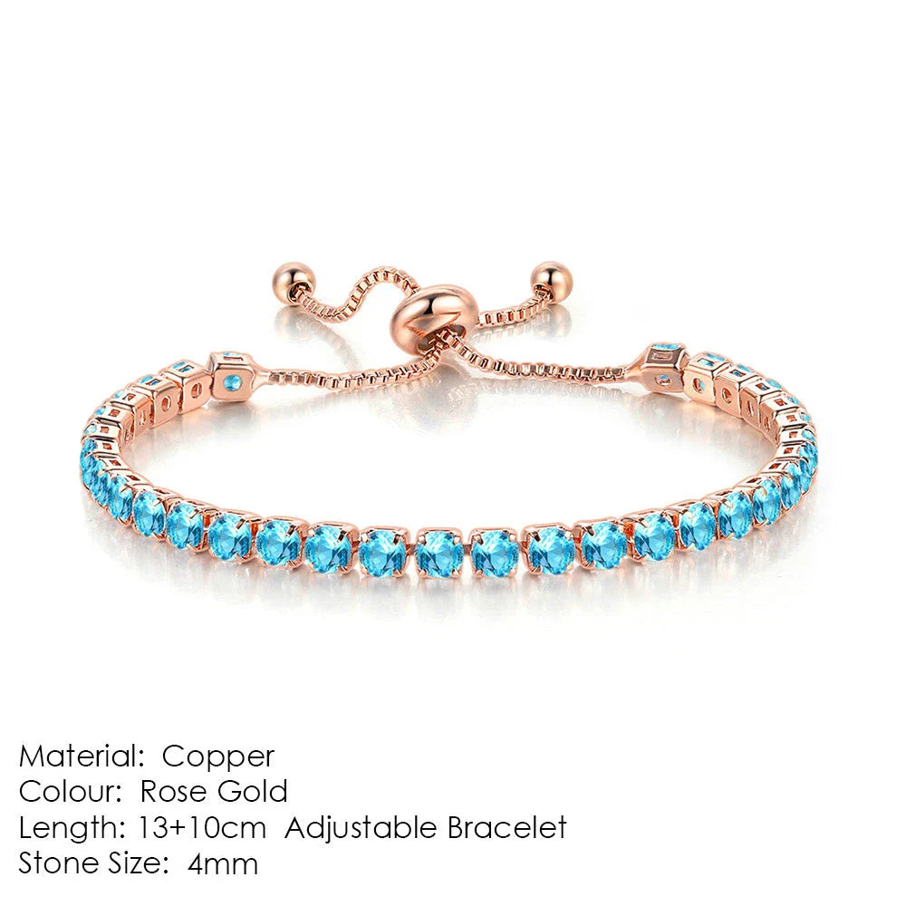 Elegant copper bracelet with sparkling zircon stones in various colours