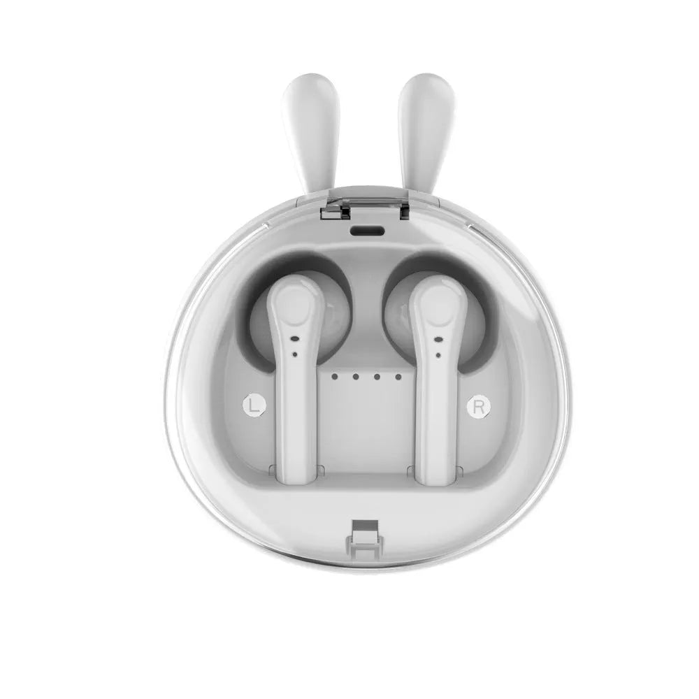 Macaron Red true wireless Bluetooth 5.0 headset with in-ear design showing battery display