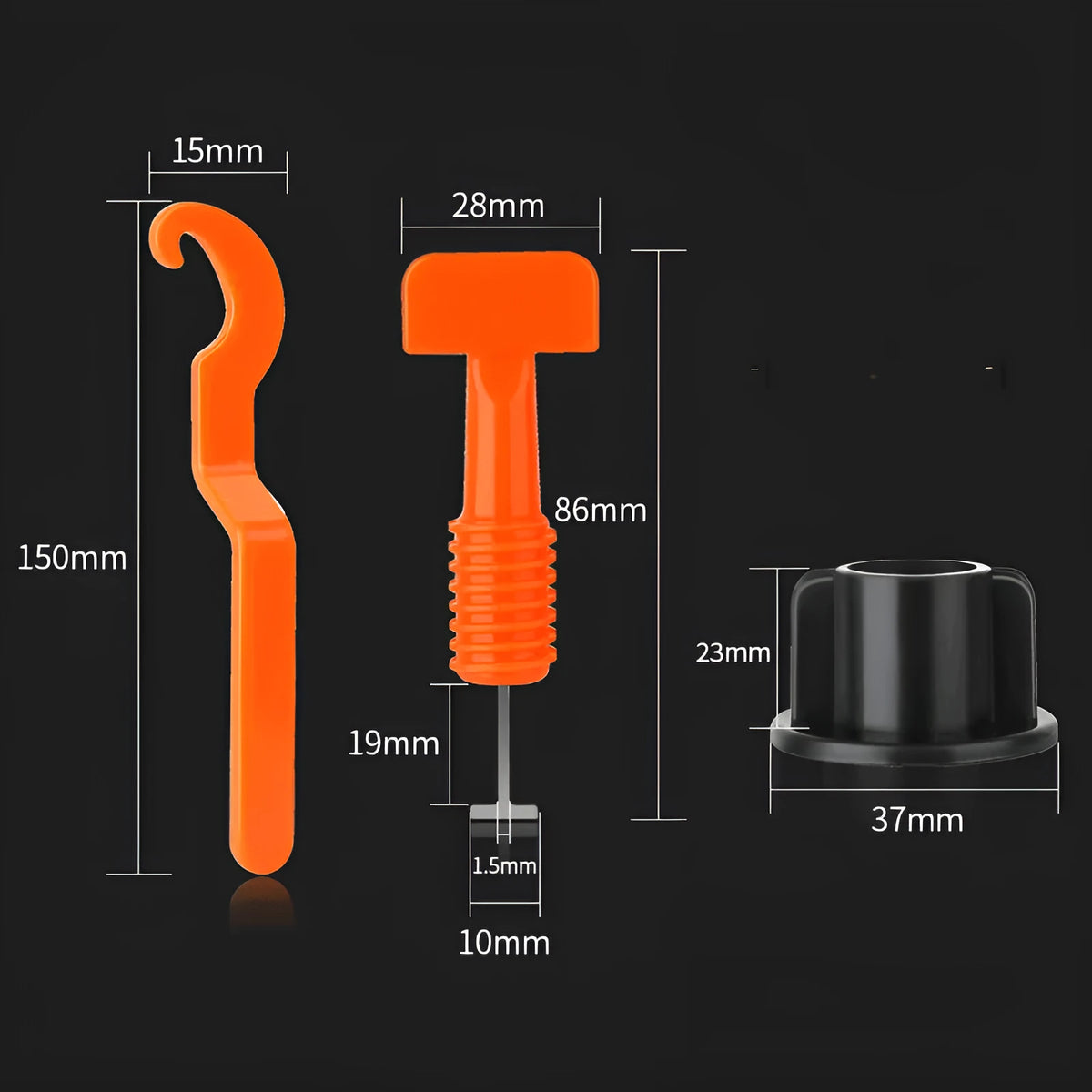 Tile positioning regulator tool with plastic wedges and wrench for ceramic tile installation