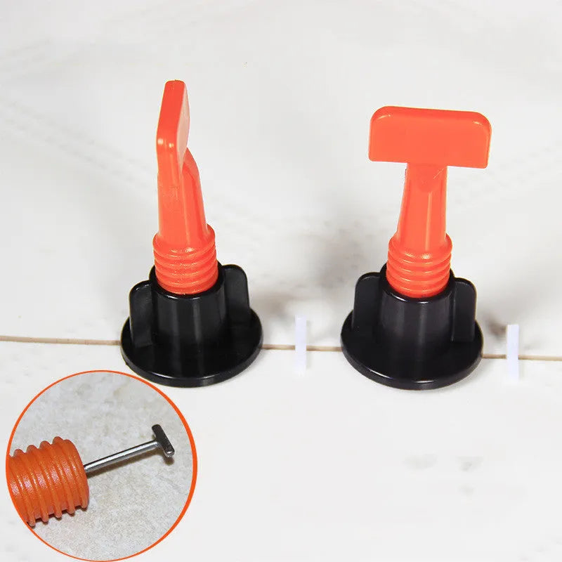 Tile positioning regulator tool with plastic wedges and wrench for ceramic tile installation