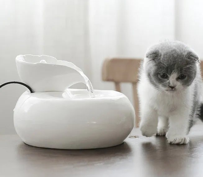 Ceramic automatic cat water dispenser with leaf design in white or pink, porcelain pet fountain with EU or US plug