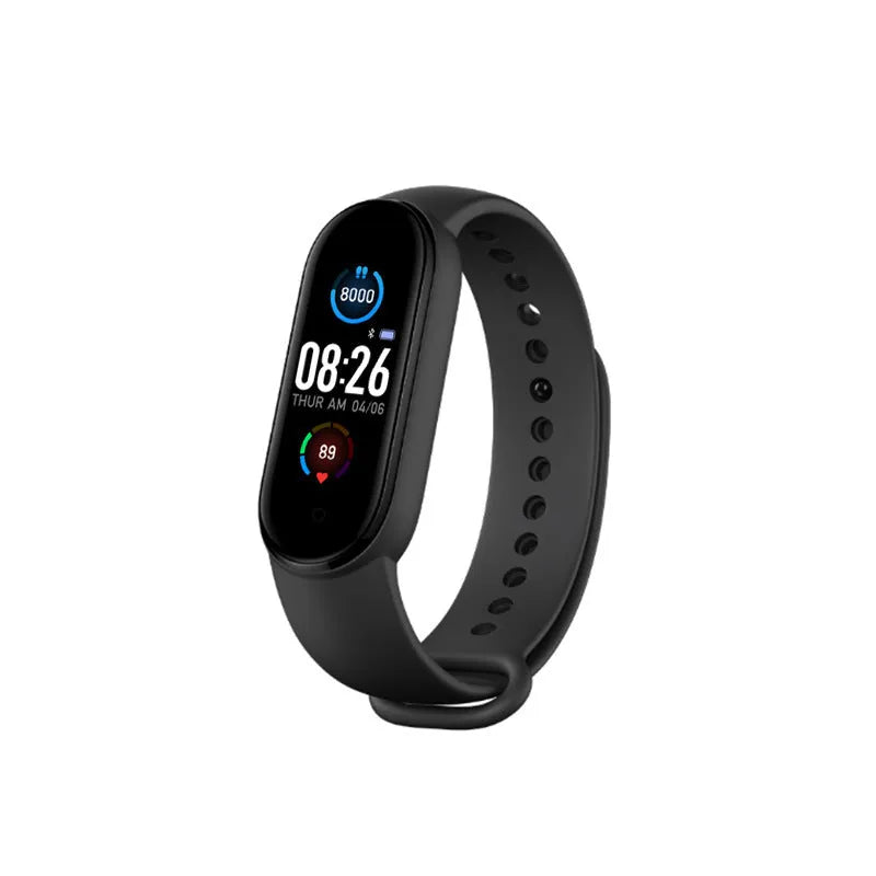 M5 smart bracelet in black on a wrist, showing the 0.96-inch touch screen displaying heart rate data.