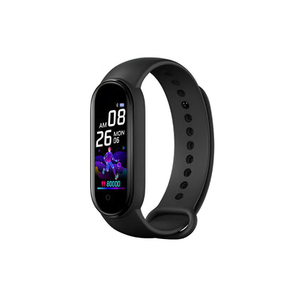 M5 smart bracelet in black on a wrist, showing the 0.96-inch touch screen displaying heart rate data.