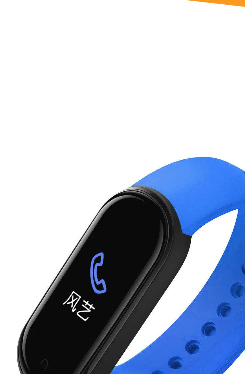 Smart bracelet compatible with Apple devices monitors heart rate, blood pressure, step count, and photos with 0.96-inch touch screen, available in black, blue, and red colours.