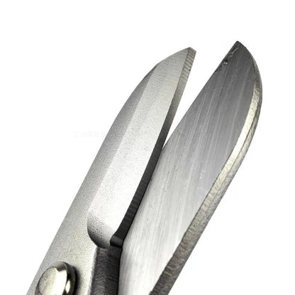 Yellow handled high carbon steel tin snips for cutting sheet metal, 200mm long.