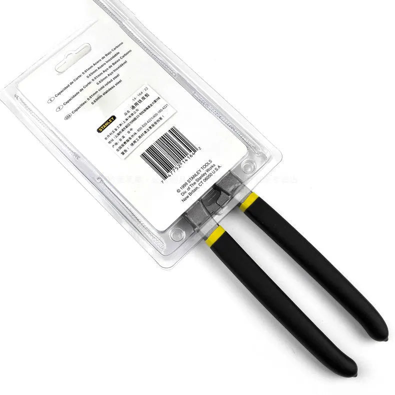 Yellow handled high carbon steel tin snips for cutting sheet metal, 200mm long.
