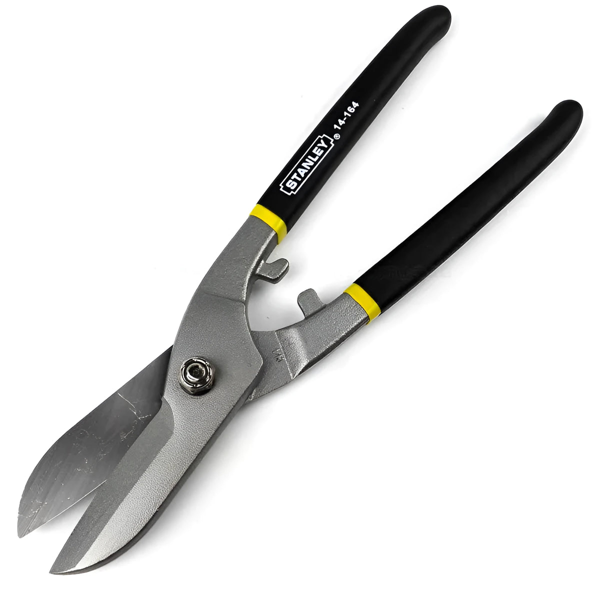 Yellow handled high carbon steel tin snips for cutting sheet metal, 200mm long.