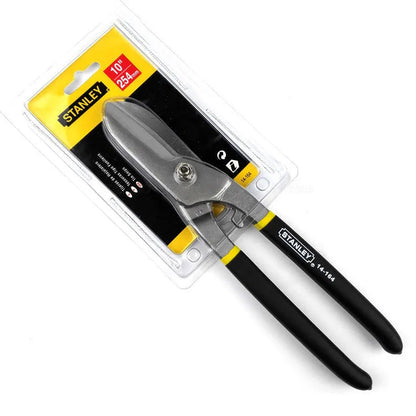 Yellow handled high carbon steel tin snips for cutting sheet metal, 200mm long.