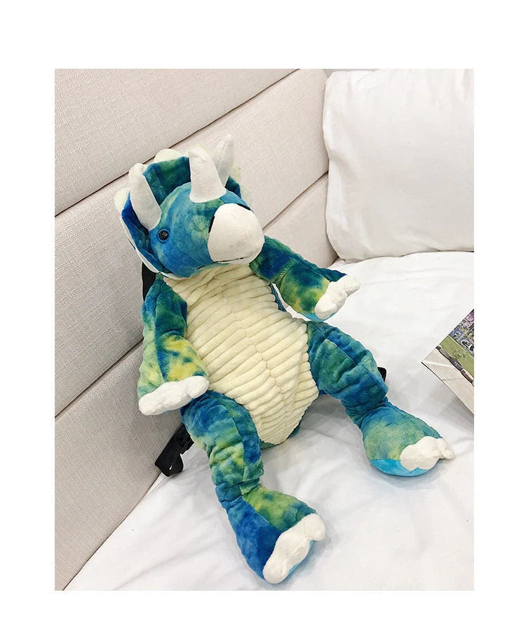 3D dinosaur plush backpack for children in blue, red, brown, and green