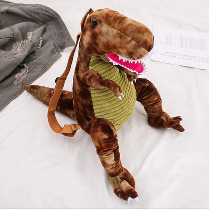 3D dinosaur plush backpack for children in blue, red, brown, and green
