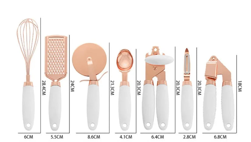 7-piece stainless steel kitchen tool set with copper finish on a countertop storage rack.