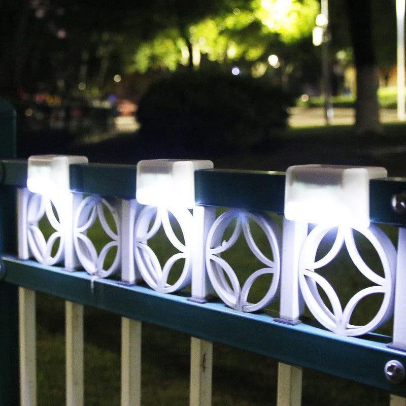 Solar railing light outdoor step light waterproof LED garden light with white shell and 44x45x80 mm dimensions for fencing and stairs. This IP65 rated solar light has a 5 W rated power and provides 6-8 hours of illumination from a 1.2 V LED source.