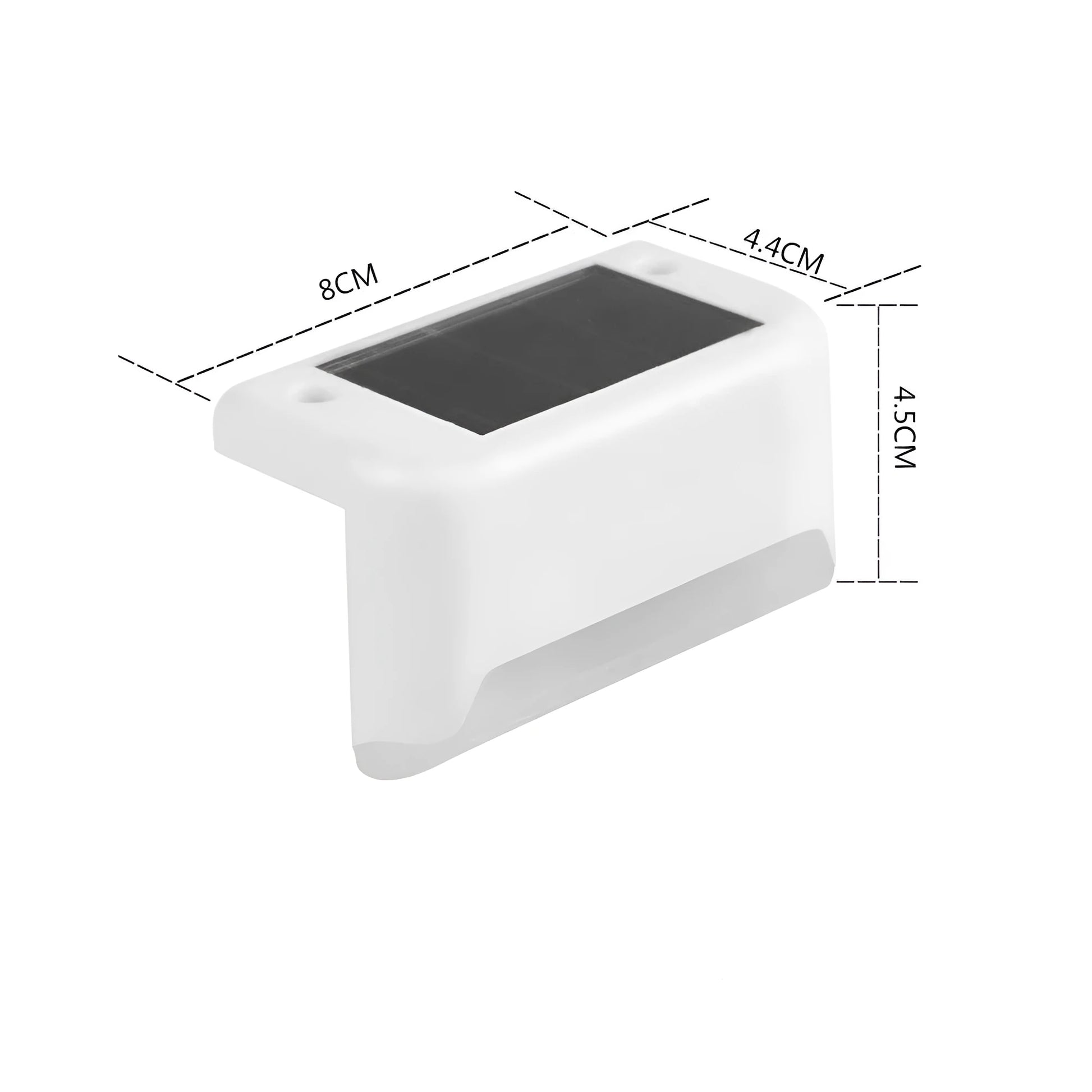 Set of four white solar-powered LED railing lights for outdoor steps and garden fences.