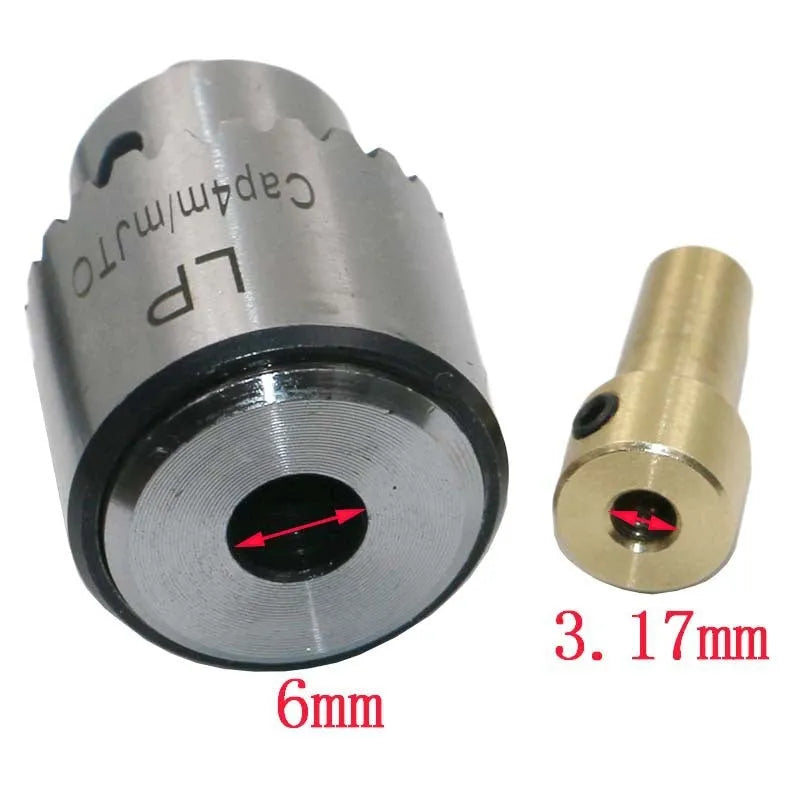 Four hard alloy drill chucks with sleeves showing 3.17mm tail holes for electric drill compatibility