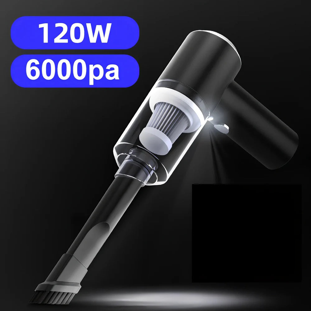 Black wireless car vacuum cleaner with 120W power and 6000Pa suction for car and home use