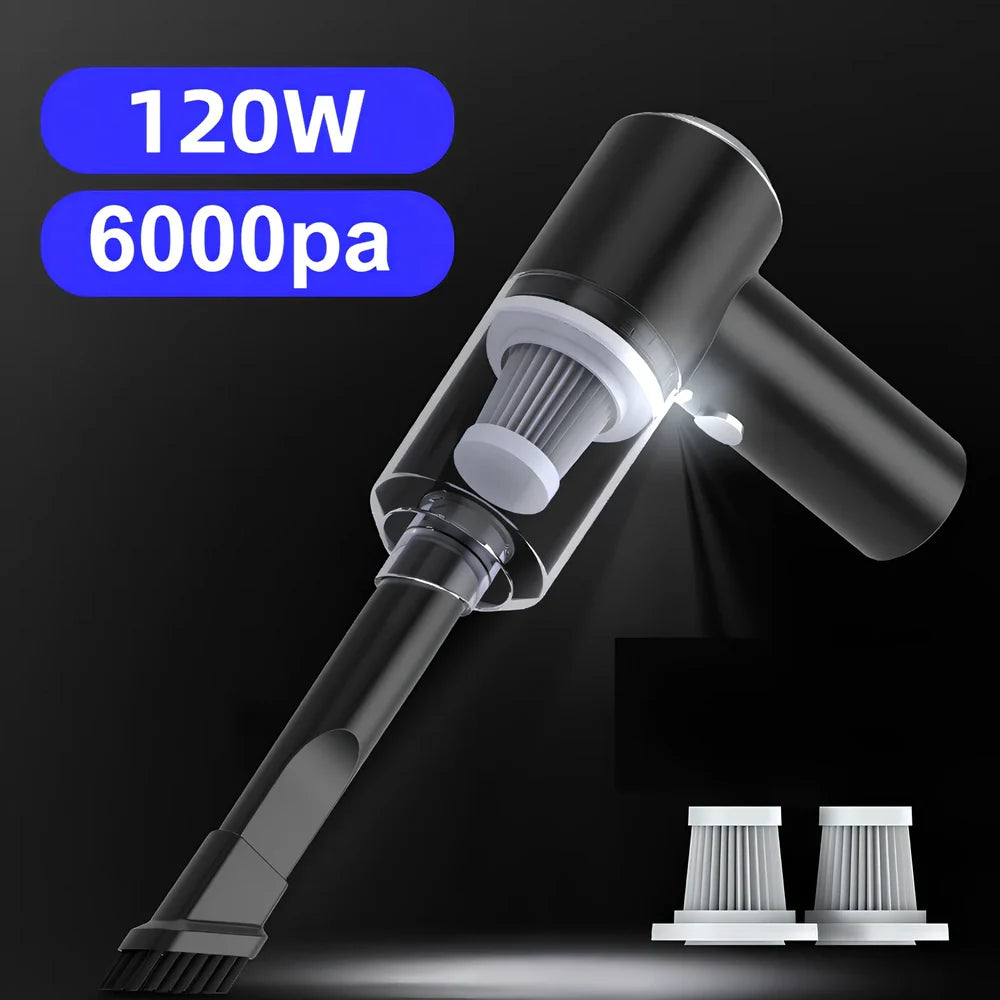 Black wireless car vacuum cleaner with 120W power and 6000Pa suction for car and home use