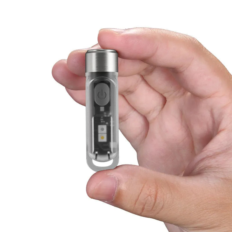 Mini portable emergency lighting with USB direct charge using high-performance LED technology, featuring a 300 lumen OSRAM P8 main light, a high colour rendering white auxiliary light, and a 365nm UV light source, supplied with a keychain in green